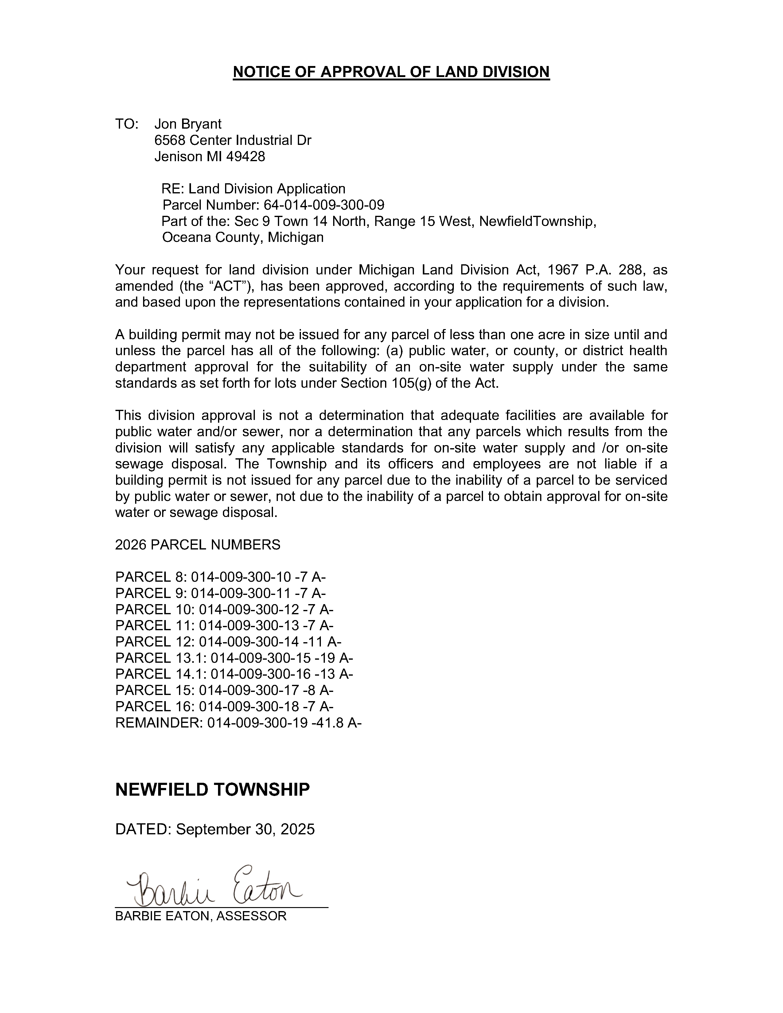 Newfield Approval of Land Division